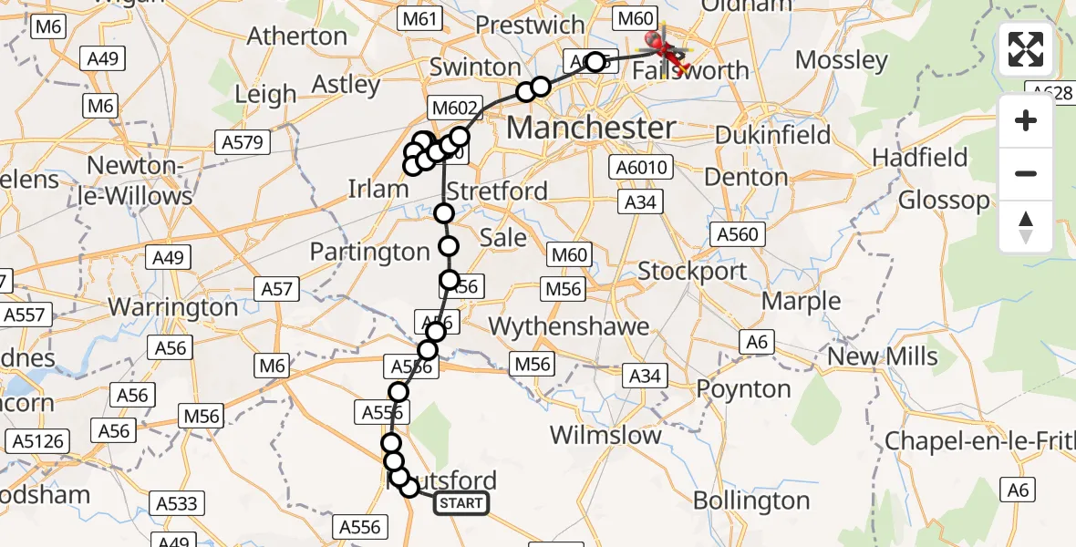 Routekaart van de vlucht: Air Ambulance Helicopter to Manchester, The Boardwalk