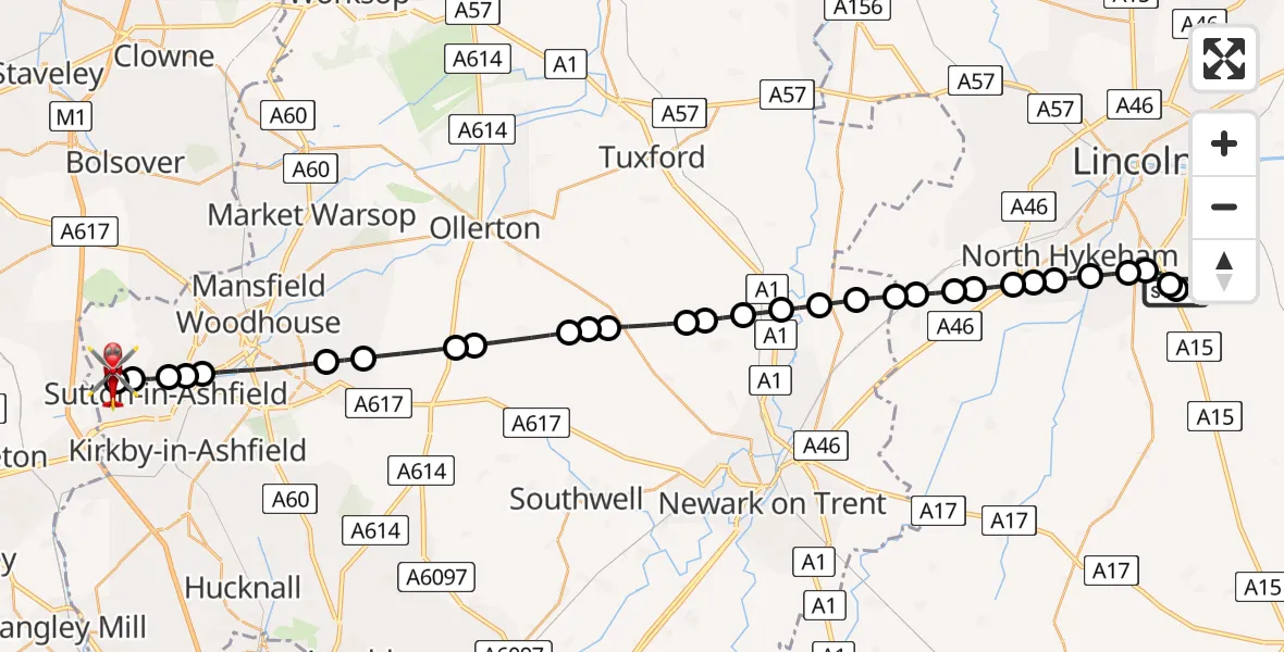 Flight route map: Air Ambulance Helicopter to Huthwaite, Main Street