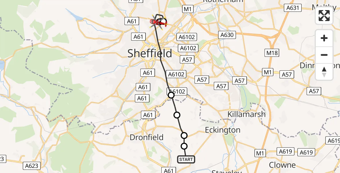 Routekaart van de vlucht: Air Ambulance Helicopter to Sheffield Northern Hospital, Sheffield Northern Hospital