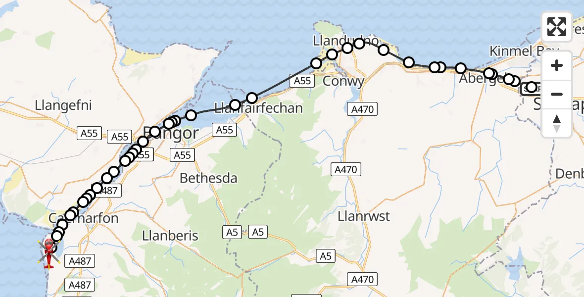 Flight route map: Air Ambulance Helicopter to Caernarfon Airport, Caernarfon Airport