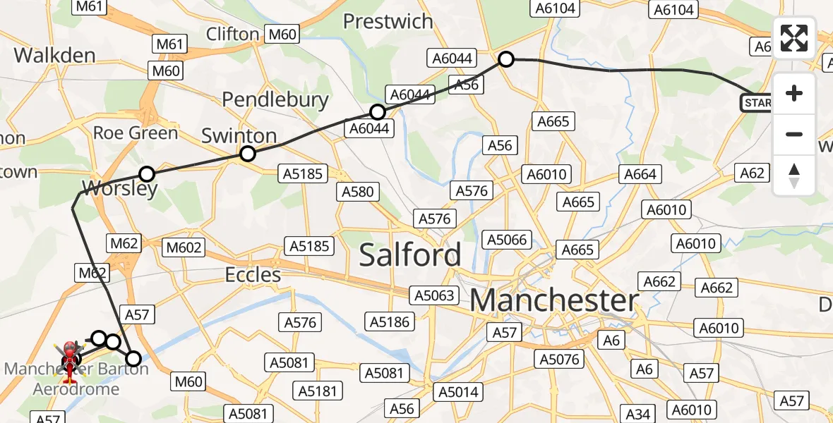 Flight route map: Air Ambulance Helicopter to Irlam, Manchester Barton Aerodrome