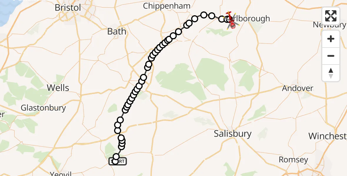 Flight route map: Air Ambulance Helicopter to West Overton, A4