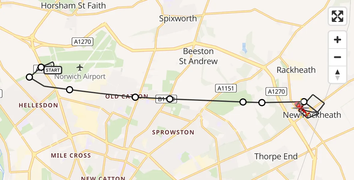 Flight route map: Air Ambulance Helicopter to New Rackheath, Willoughby Way