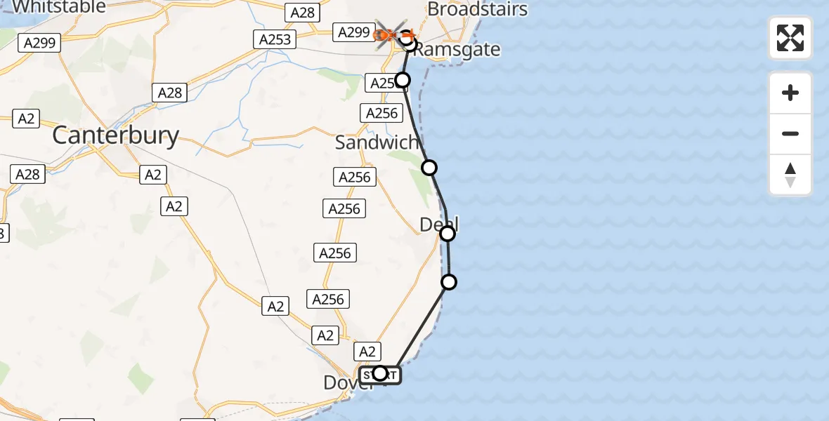 Flight route map: Coastguard Helicopter to Manston Airport, Manston Airport