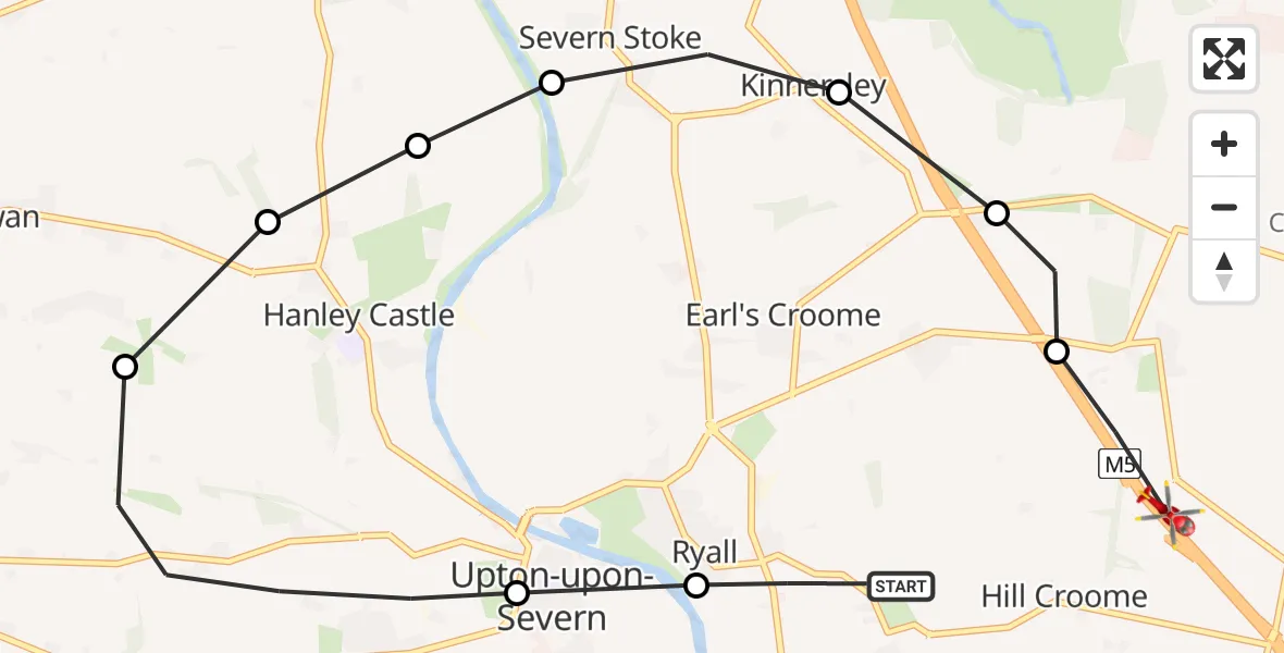 Flight route map:  to Hill Croome, M5