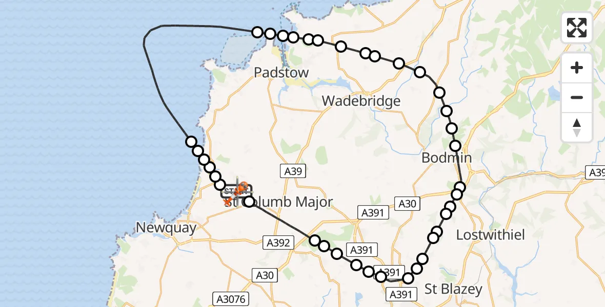 Flight route map: Coastguard Helicopter to Cornwall Airport Newquay, Cornwall Airport Newquay