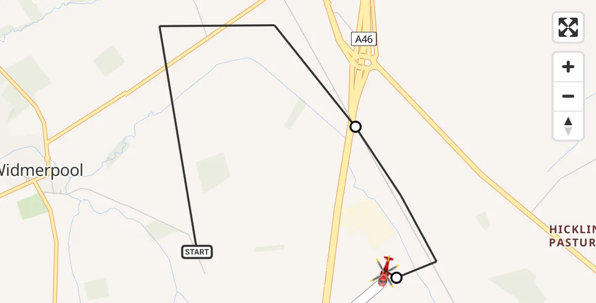 Flight route map: Air Ambulance Helicopter to Nottingham Heliport, Nottingham Heliport
