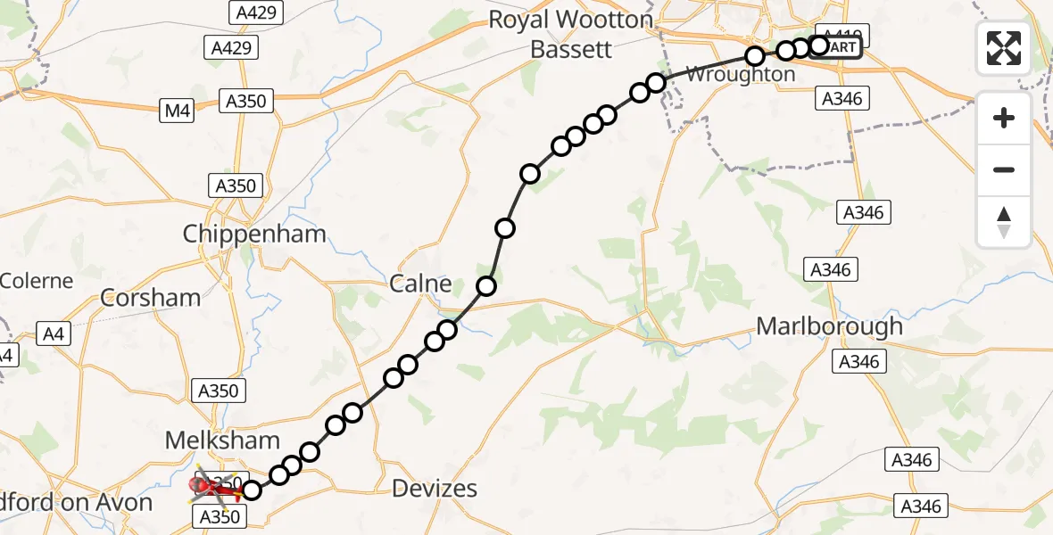 Flight route map: Air Ambulance Helicopter to Wiltshire Air Ambulance, Wiltshire Air Ambulance
