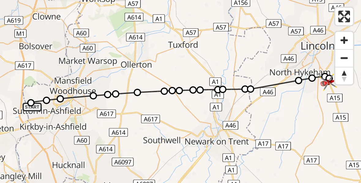 Routekaart van de vlucht: Air Ambulance Helicopter to North Kesteven, Sleaford Road