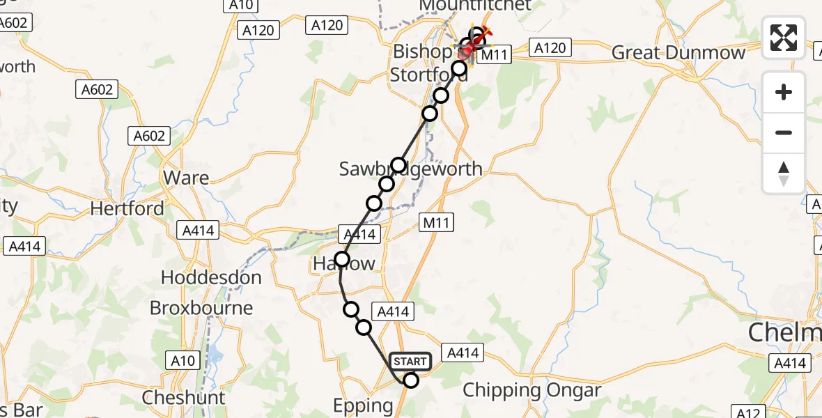 Flight route map: Air Ambulance Helicopter to Birchanger, Birchanger Lane