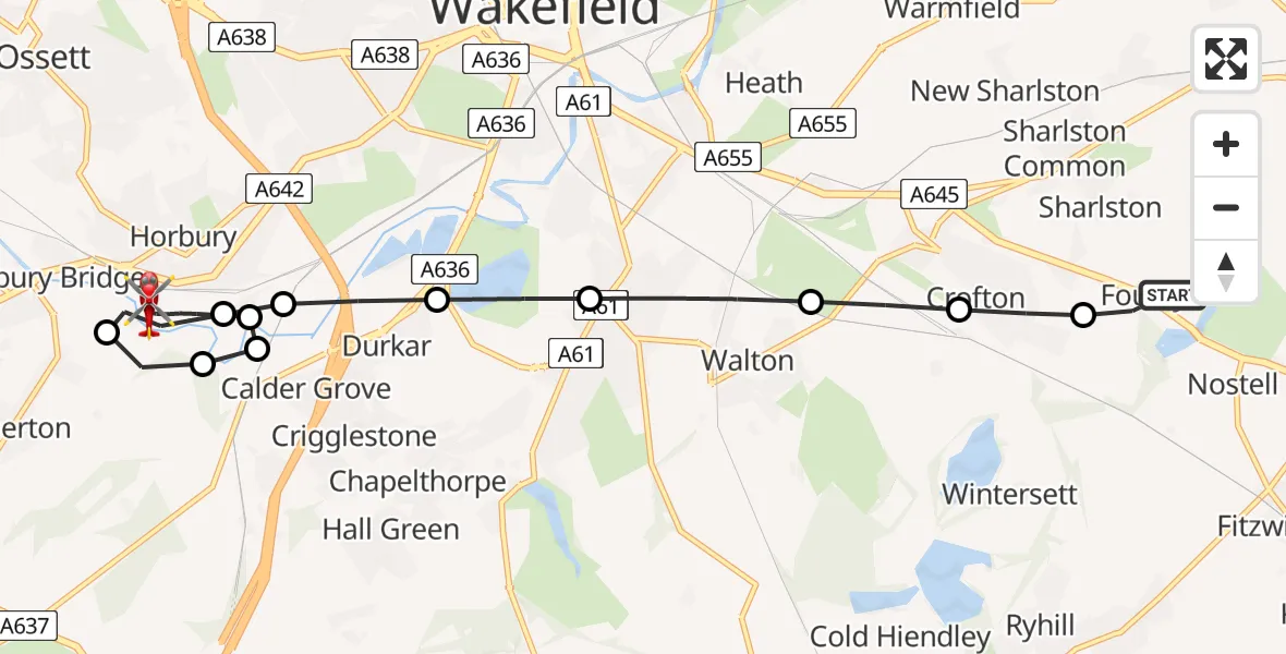 Flight route map: Air Ambulance Helicopter to Horbury, Addingford Lane