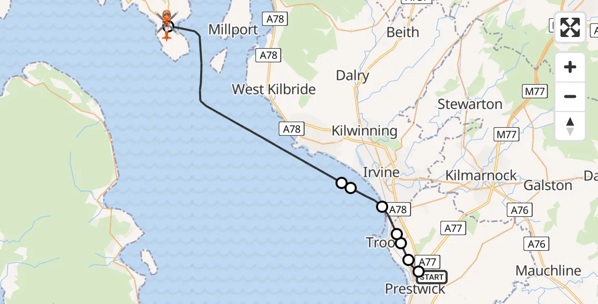 Flight route map: Coastguard Helicopter to Bute Airfield, Bute Airfield