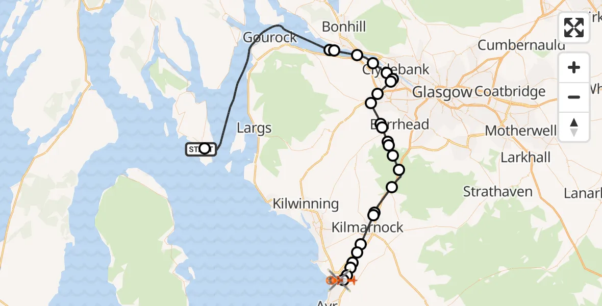 Flight route map: Coastguard Helicopter to Glasgow Prestwick Airport, Glasgow Prestwick Airport