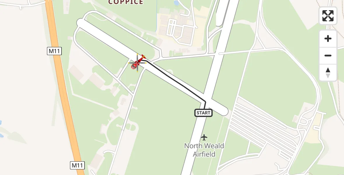 Flight route map: Air Ambulance Helicopter to North Weald Airfield, North Weald Airfield