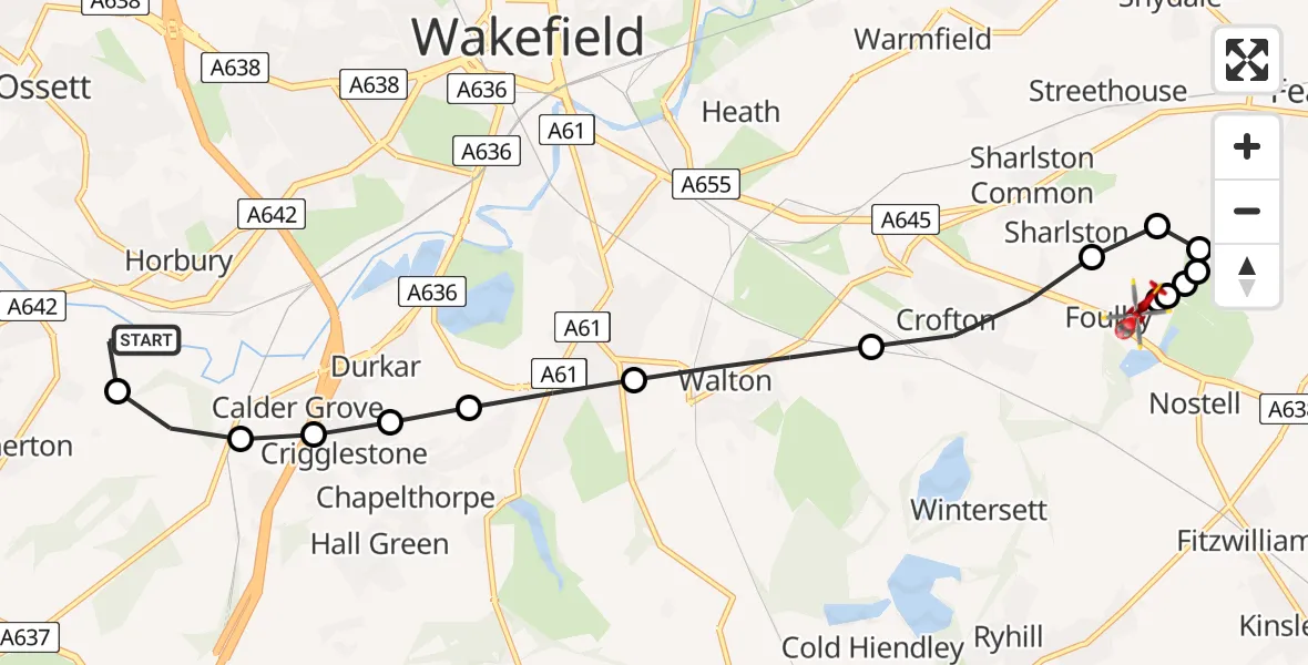 Routekaart van de vlucht: Air Ambulance Helicopter to YAA Nostell Helicopter Port, MTB Green route