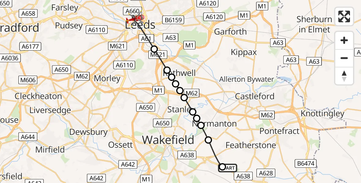 Flight route map: Air Ambulance Helicopter to Leeds, Woodhouse Lane