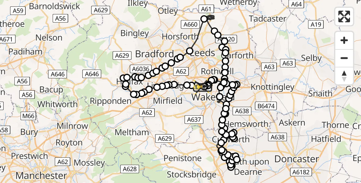 Flight path map showing Police Helicopter route from East Ardsley to East Ardsley