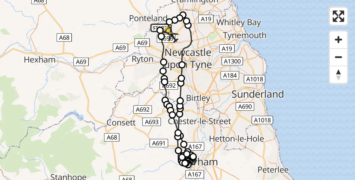 Flight route map: Police Helicopter to Newcastle upon Tyne, Epsom Court