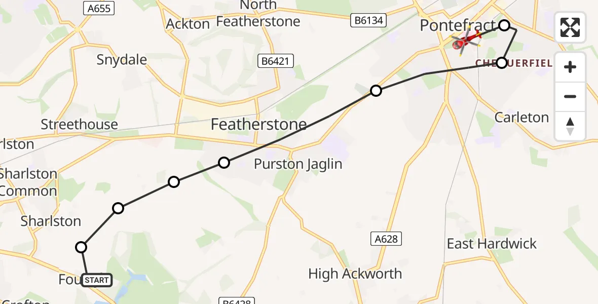 Flight route map: Air Ambulance Helicopter to Pontefract, Friarwood Lane