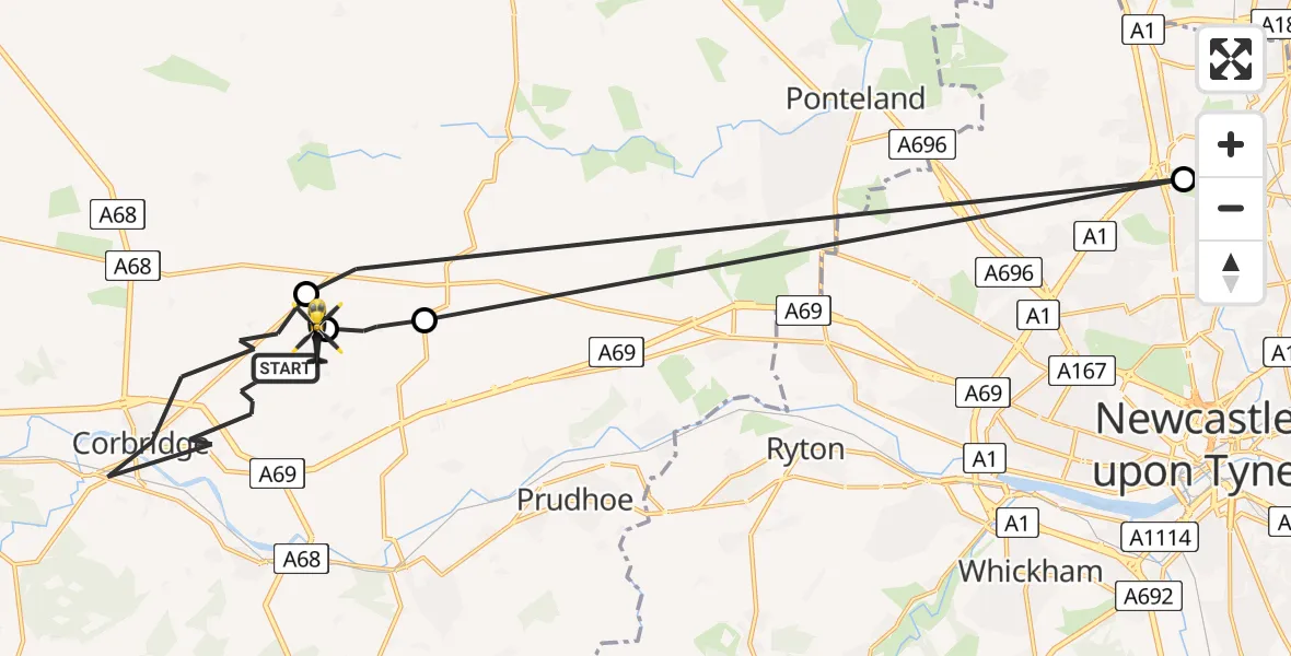 Routekaart van de vlucht: Police Helicopter to Bywell, Bywell