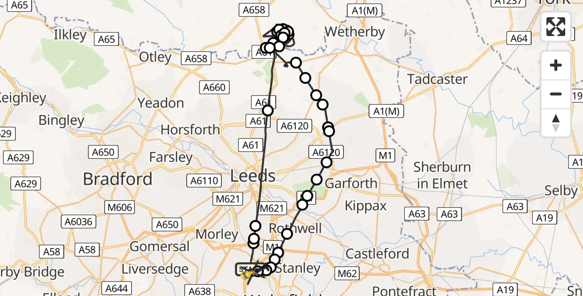 Flight path map showing Police Helicopter route from East Ardsley to East Ardsley