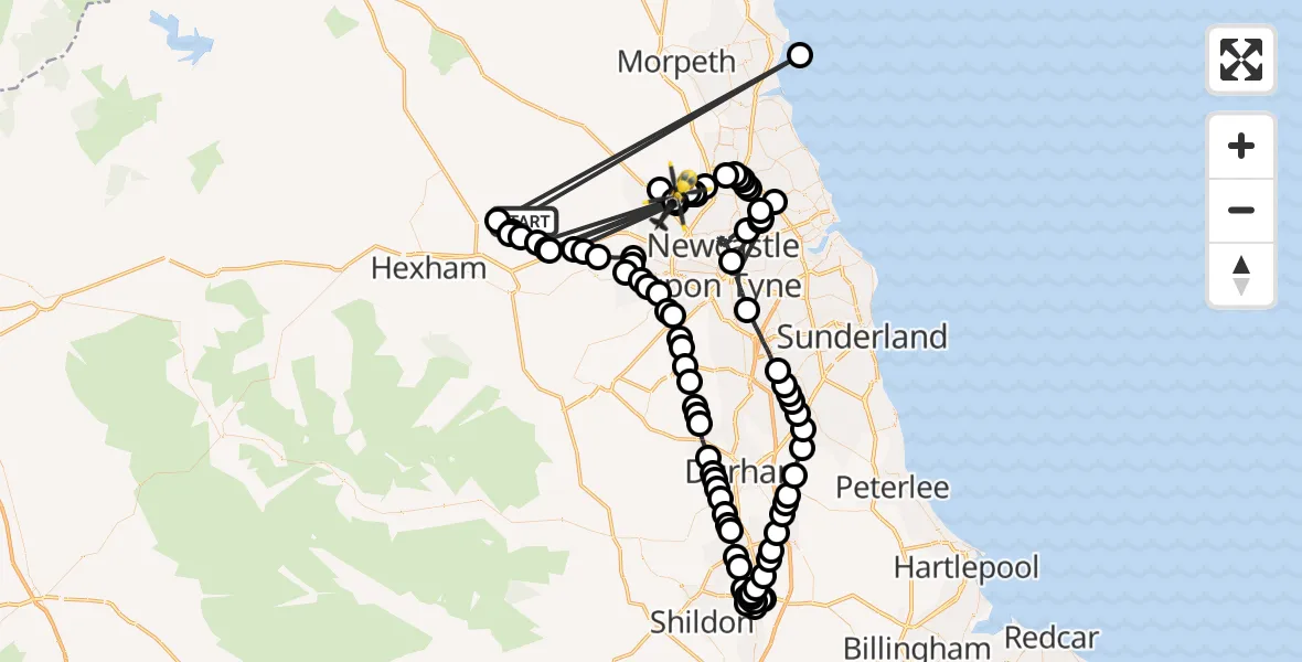 Flight route map: Police Helicopter to Newcastle International Airport, Newcastle International Airport
