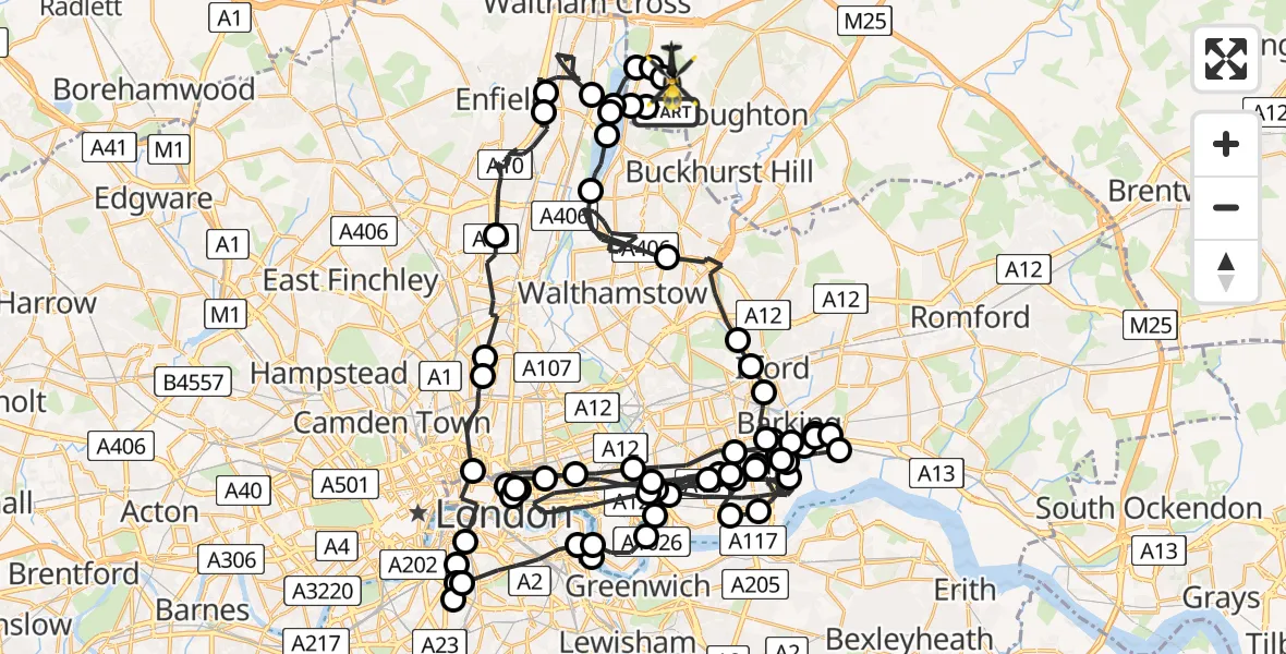 Flight route map: Police Helicopter to Sewardstonebury, Lippitts Hill