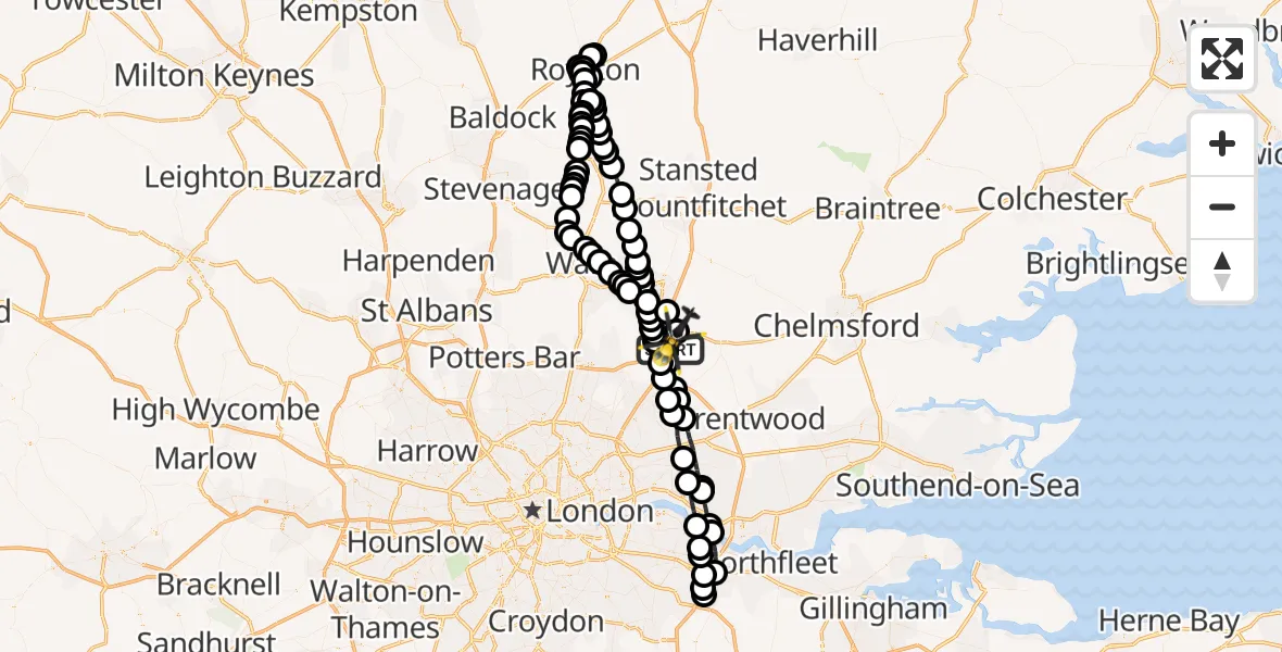 Flight route map: Police Helicopter to North Weald Airfield, North Weald Airfield