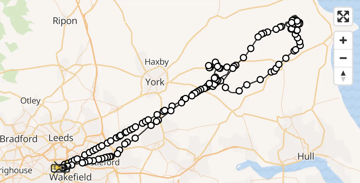 Flight path map showing Police Helicopter route from East Ardsley to East Ardsley