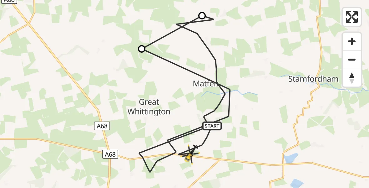 Flight route map: Police Helicopter to Matfen, Military Road