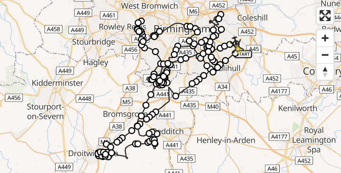 Flight path map showing Police Helicopter route from Birmingham Airport to Birmingham Airport