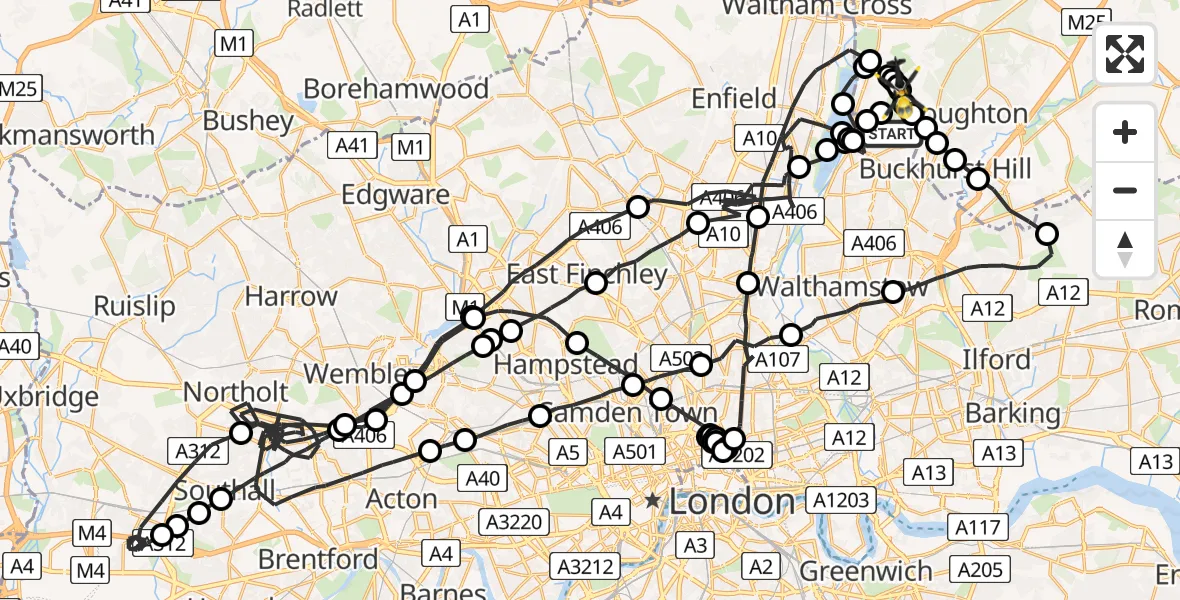 Flight route map: Police Helicopter to Sewardstonebury, Bury Road