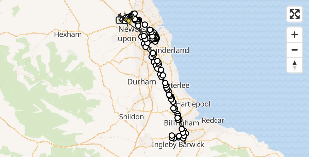 Flight route map: Police Helicopter to Newcastle International Airport, Newcastle International Airport