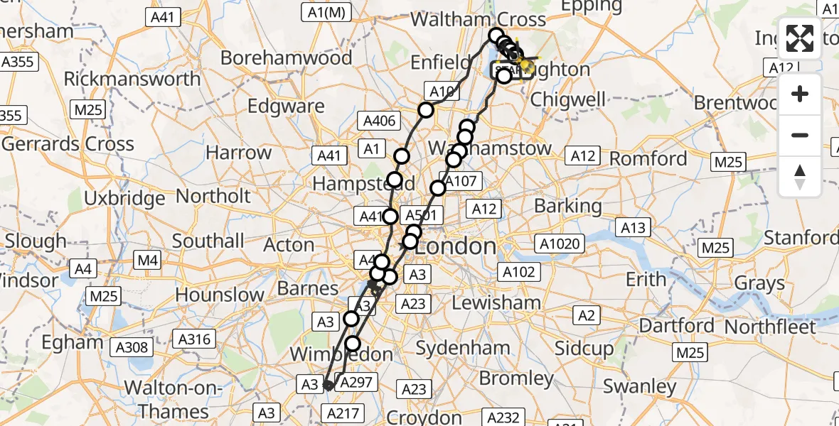 Flight route map: Police Helicopter to Sewardstonebury, Bury Road