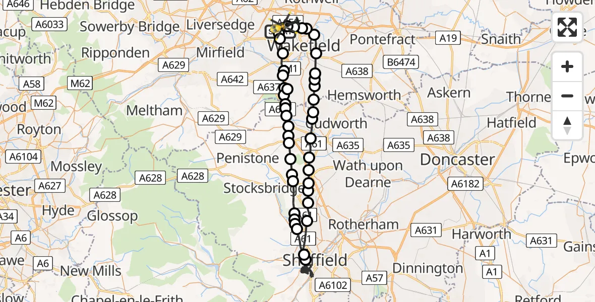 Routekaart van de vlucht: Police Helicopter to East Ardsley, Stoney Lane