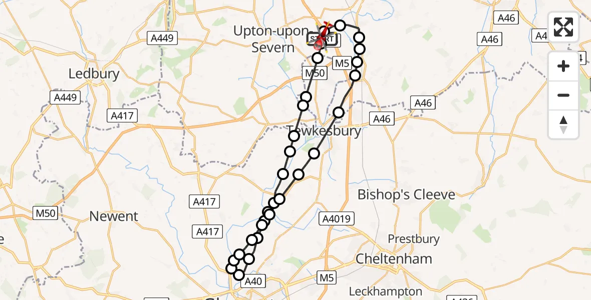 Flight route map: Air Ambulance Helicopter to Hill Croome, M5