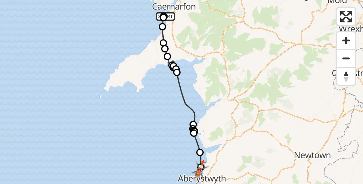 Flight route map: Coastguard Helicopter to Clarach, Clarach