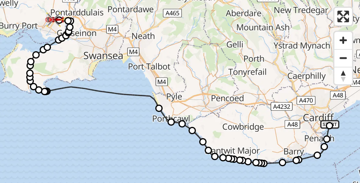 Flight route map: Air Ambulance Helicopter to Dafen, Heol Aur