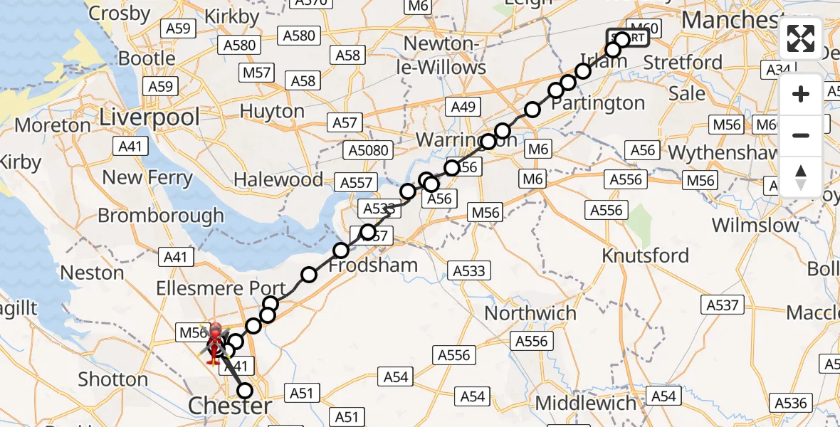 Flight route map: Air Ambulance Helicopter to Lea-by-Backford, Demage Lane
