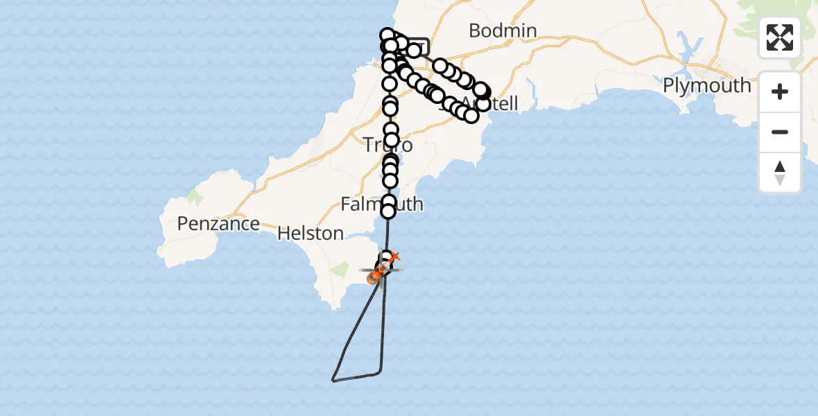 Flight route map: Coastguard Helicopter to St. Keverne, School Hill