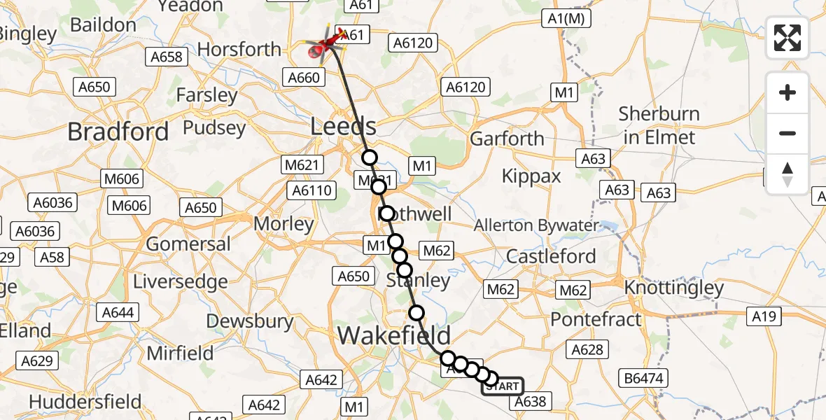 Flight route map: Air Ambulance Helicopter to Leeds, Tongue Lane