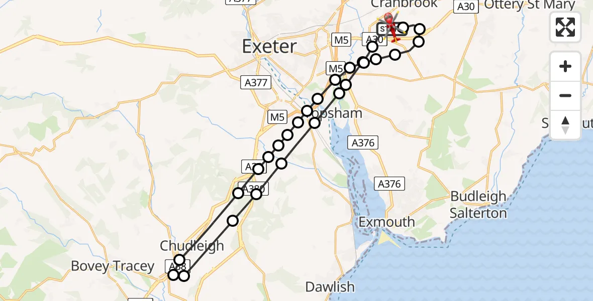 Flight route map: Air Ambulance Helicopter to Exeter International Airport, Exeter International Airport
