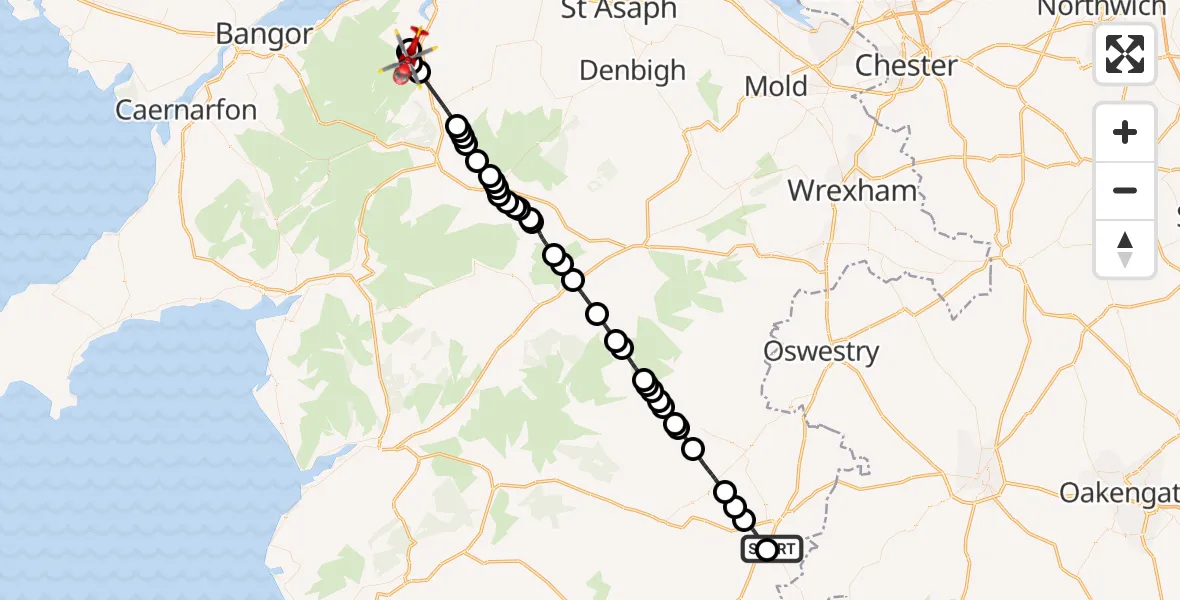 Flight route map: Air Ambulance Helicopter to Tal-y-bont, Tal-y-bont
