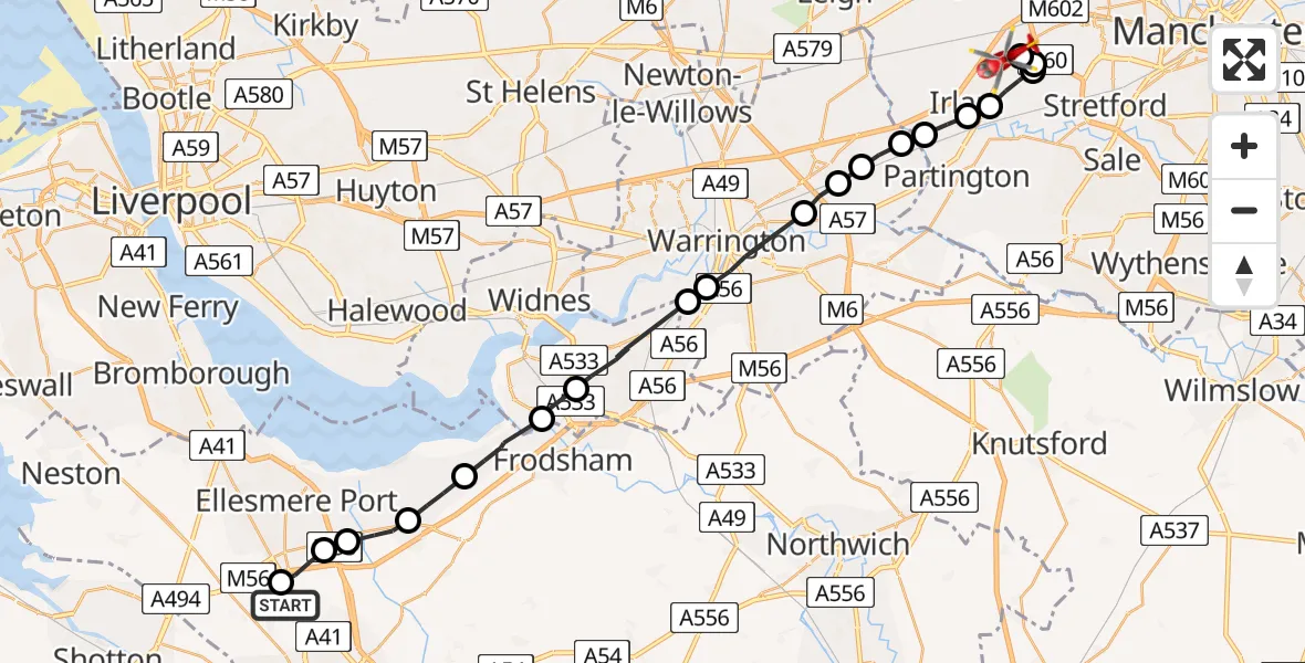Routekaart van de vlucht: Air Ambulance Helicopter to Manchester Barton Aerodrome, Manchester Barton Aerodrome