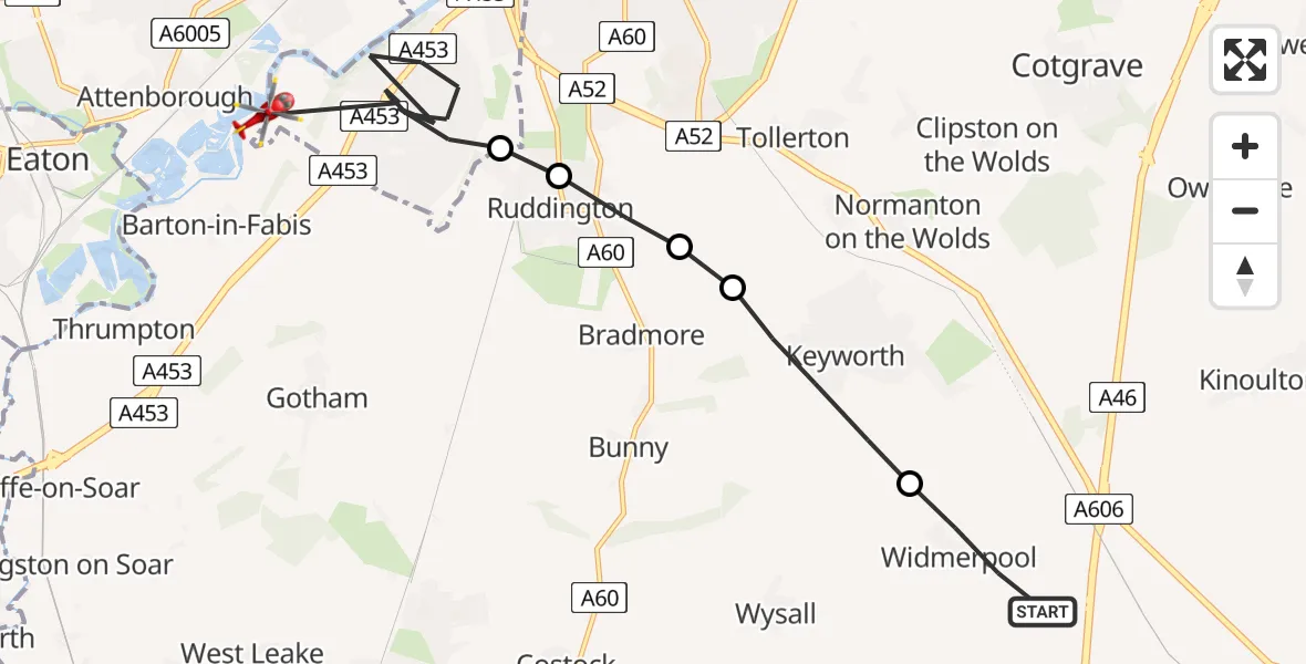 Routekaart van de vlucht: Air Ambulance Helicopter to Attenborough, The Bund