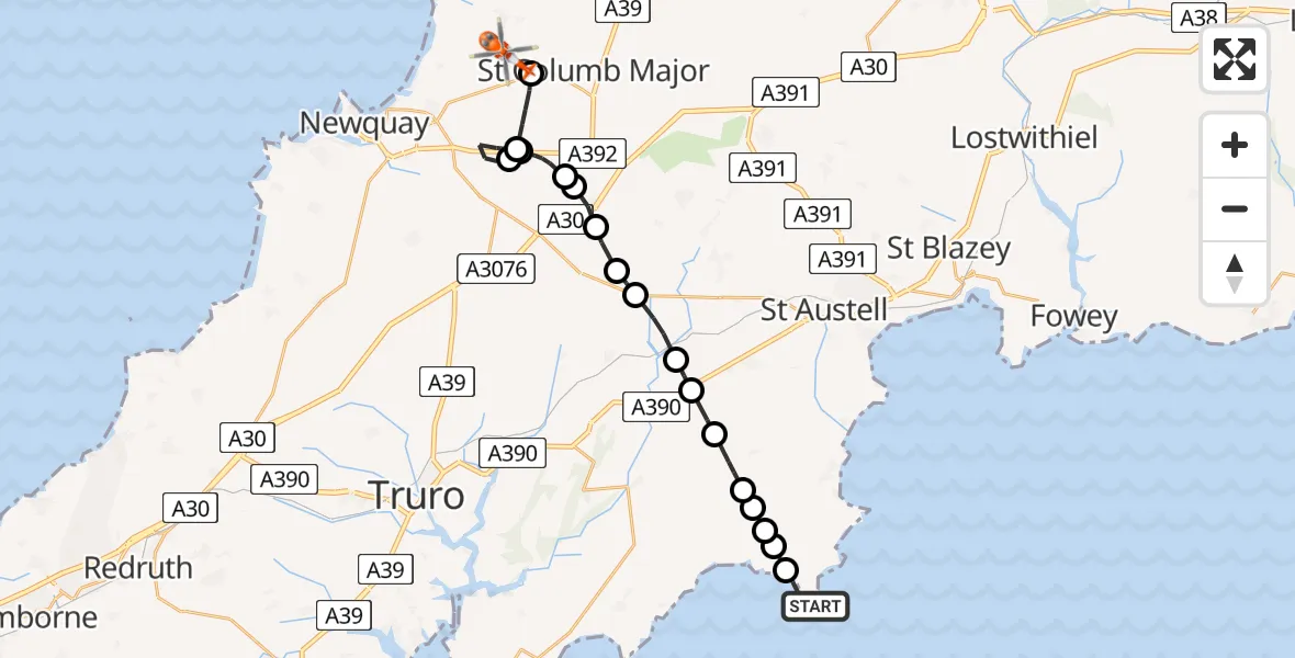 Routekaart van de vlucht: Coastguard Helicopter to Cornwall Airport Newquay, Cornwall Airport Newquay