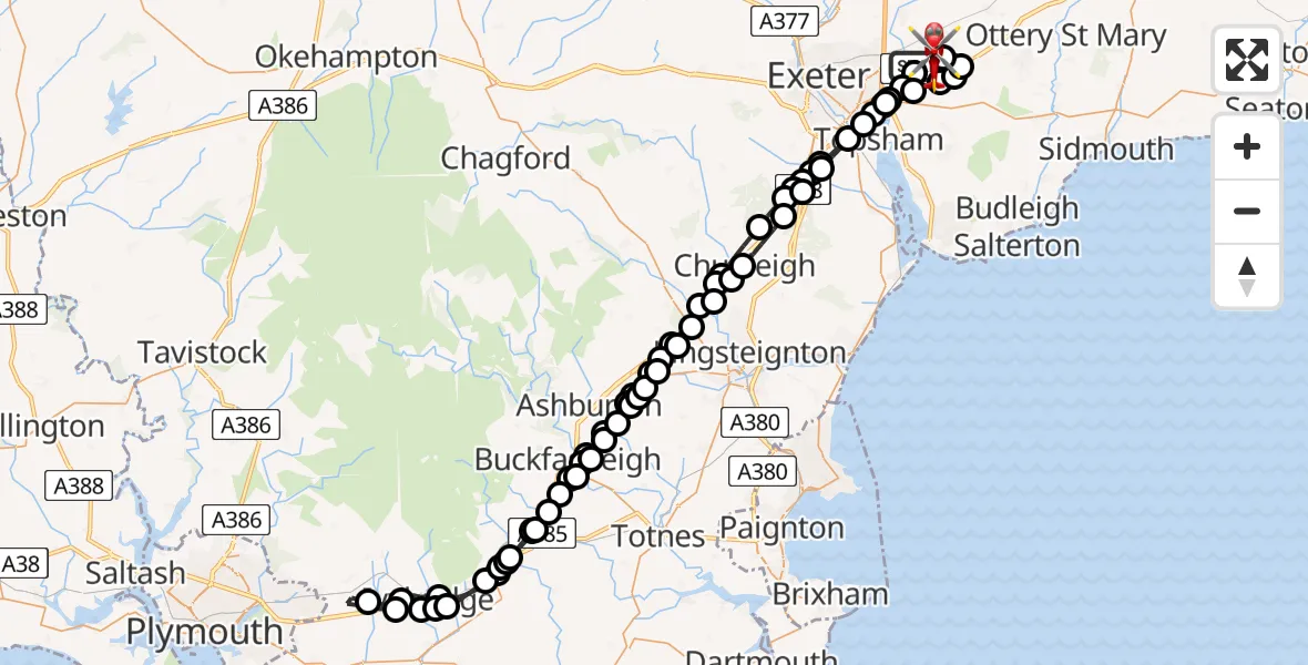 Flight route map: Air Ambulance Helicopter to Exeter International Airport, Exeter International Airport