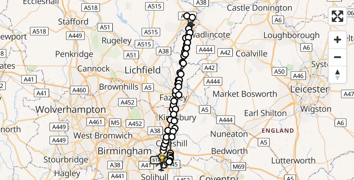 Flight path map showing Police Helicopter route from Birmingham Airport to Birmingham Airport