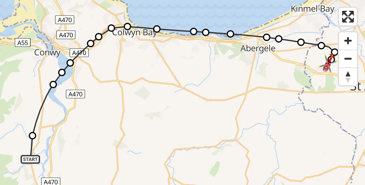 Routekaart van de vlucht: Air Ambulance Helicopter to Rhyl, Rhuddlan Road