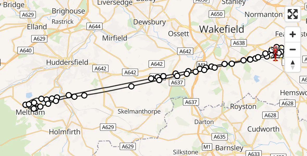 Flight route map: Air Ambulance Helicopter to YAA Nostell Helicopter Port, YAA Nostell Helicopter Port